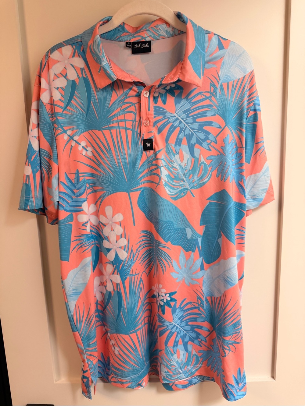 Bad Birdie Men’s Tropical Print Polo Shirt - Coral & Teal L
